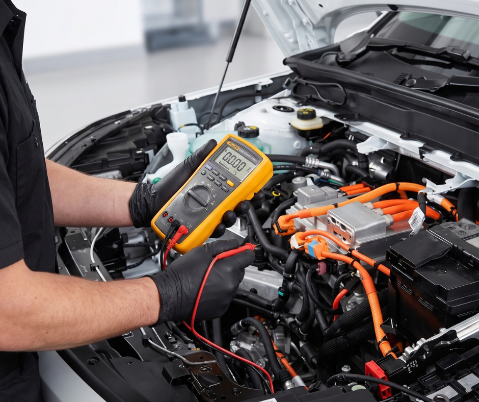 A Technician Using A Yellow Digital Multimeter To Test Components