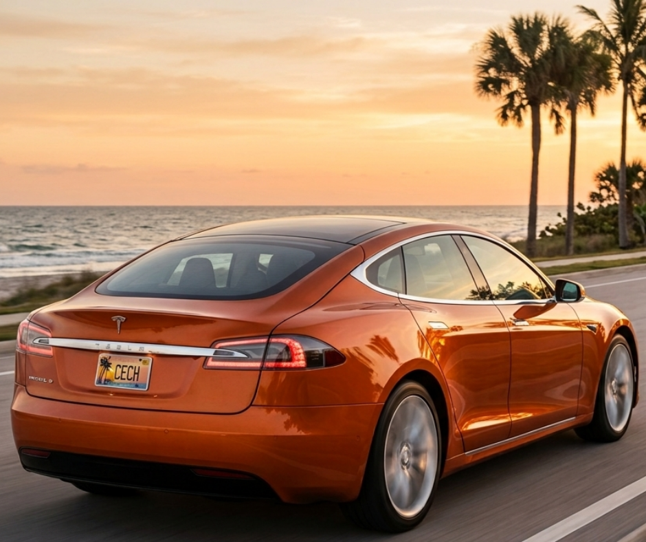 Tesla Model S Driving Along A Scenic Coastal Road During Sunset