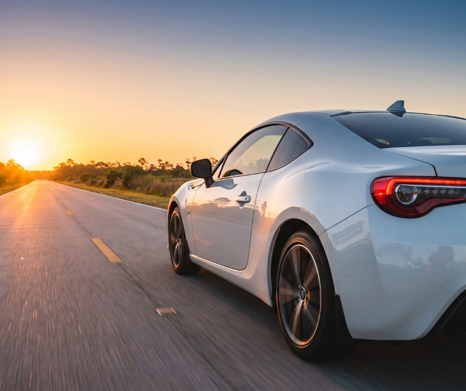 White Sports Coupe Driving Along An Empty Asphalt Road